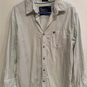 American Eagle Outfitters Men's White and Green Striped Shirt
